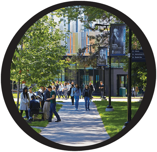 students in front of campus