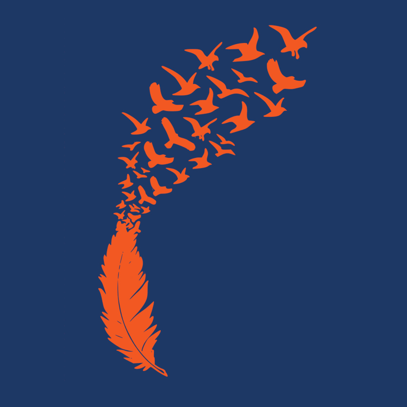 blue background with orange feather in the middle, turning into birds flying off