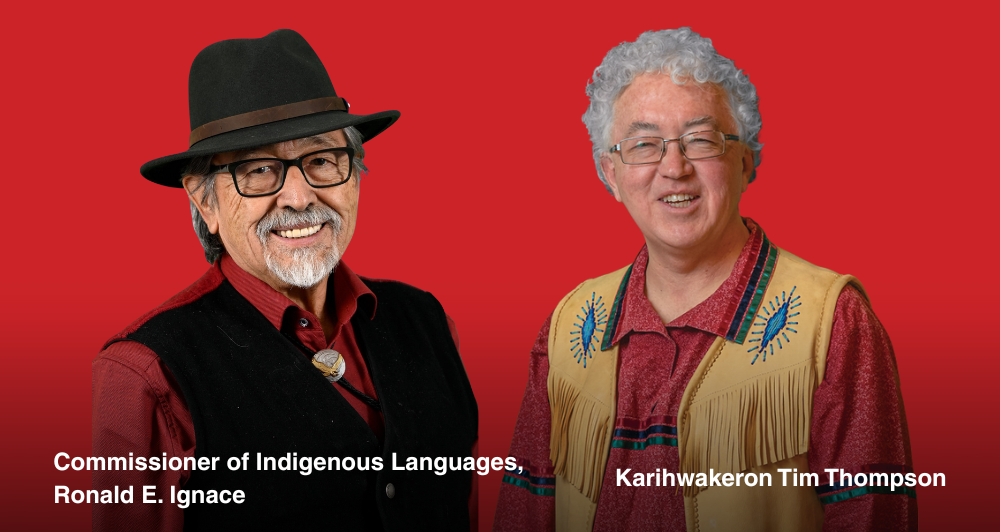 Two side-by-side portraits of individuals with blurred faces. The left person, Commissioner of Indigenous Languages, Ronald E. Ignace, wears a black hat, glasses, red shirt, black vest, and bolo tie. The right person, Karihwakeron Tim Thompson, has curly gray hair, a red ribbon shirt, and a tan fringed vest with blue and red shoulder designs, both set against a red background.